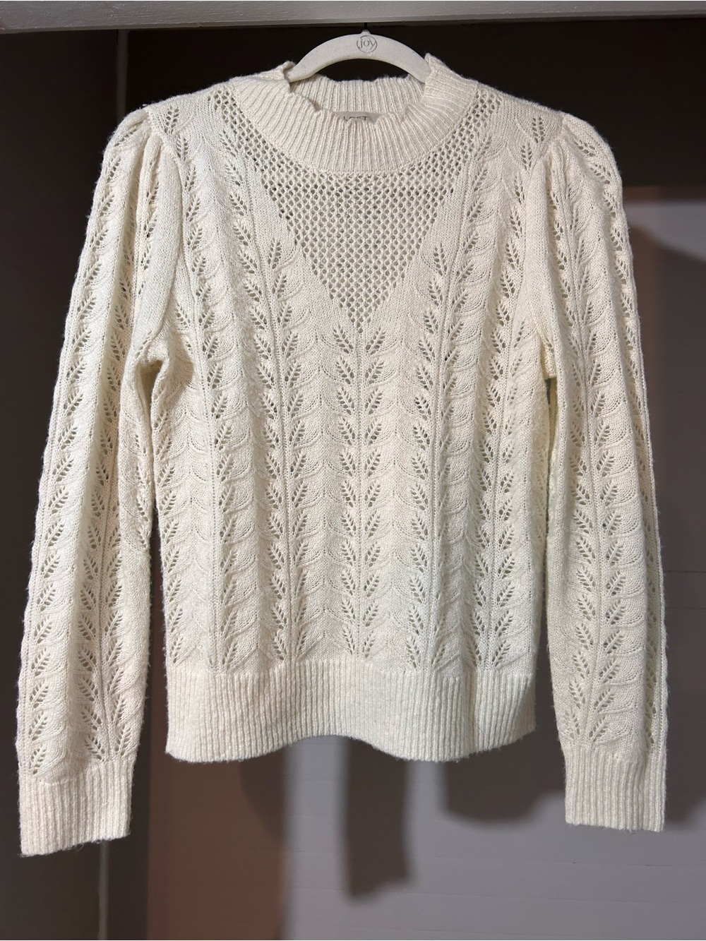LOFT Cream Openwork Lace-Panel Crewneck Sweater